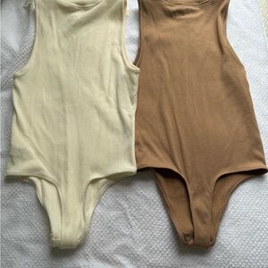 Aerie Cream and Brown Bodysuits High Neck Stretch